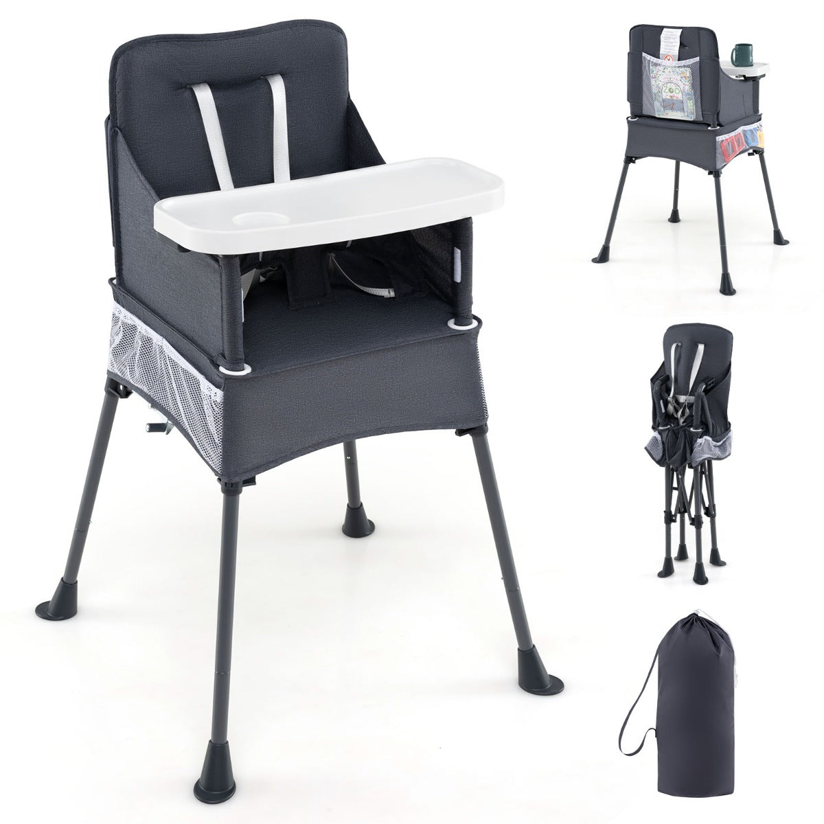 Trona Portátil de Viagem Silla Dobrável para Bebé com Bandeja Ajustável em 2 Níveis Cinto de Segurança e Aberturas Ajustáveis Cinza