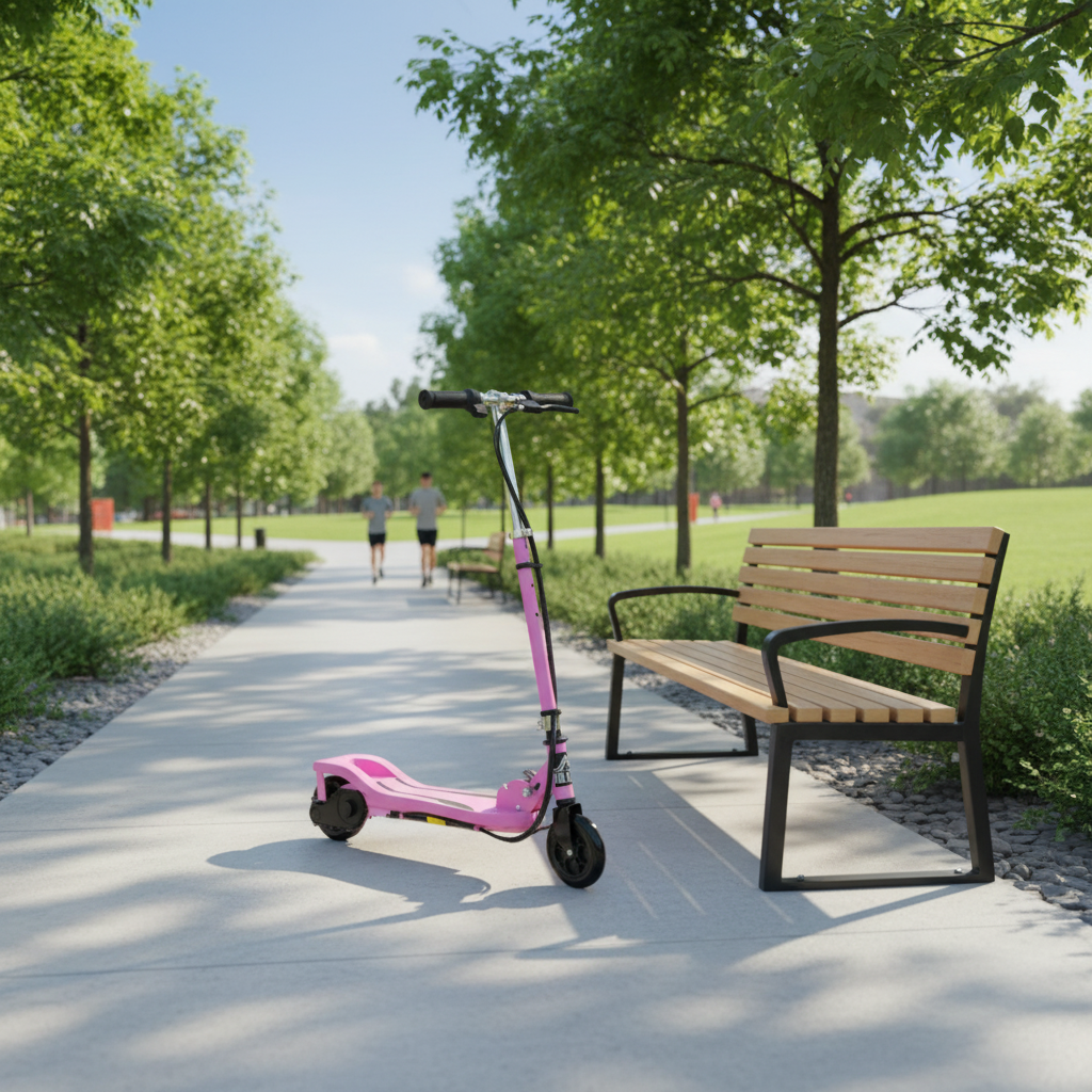 Trotinete elétrica rosa em parque urbano