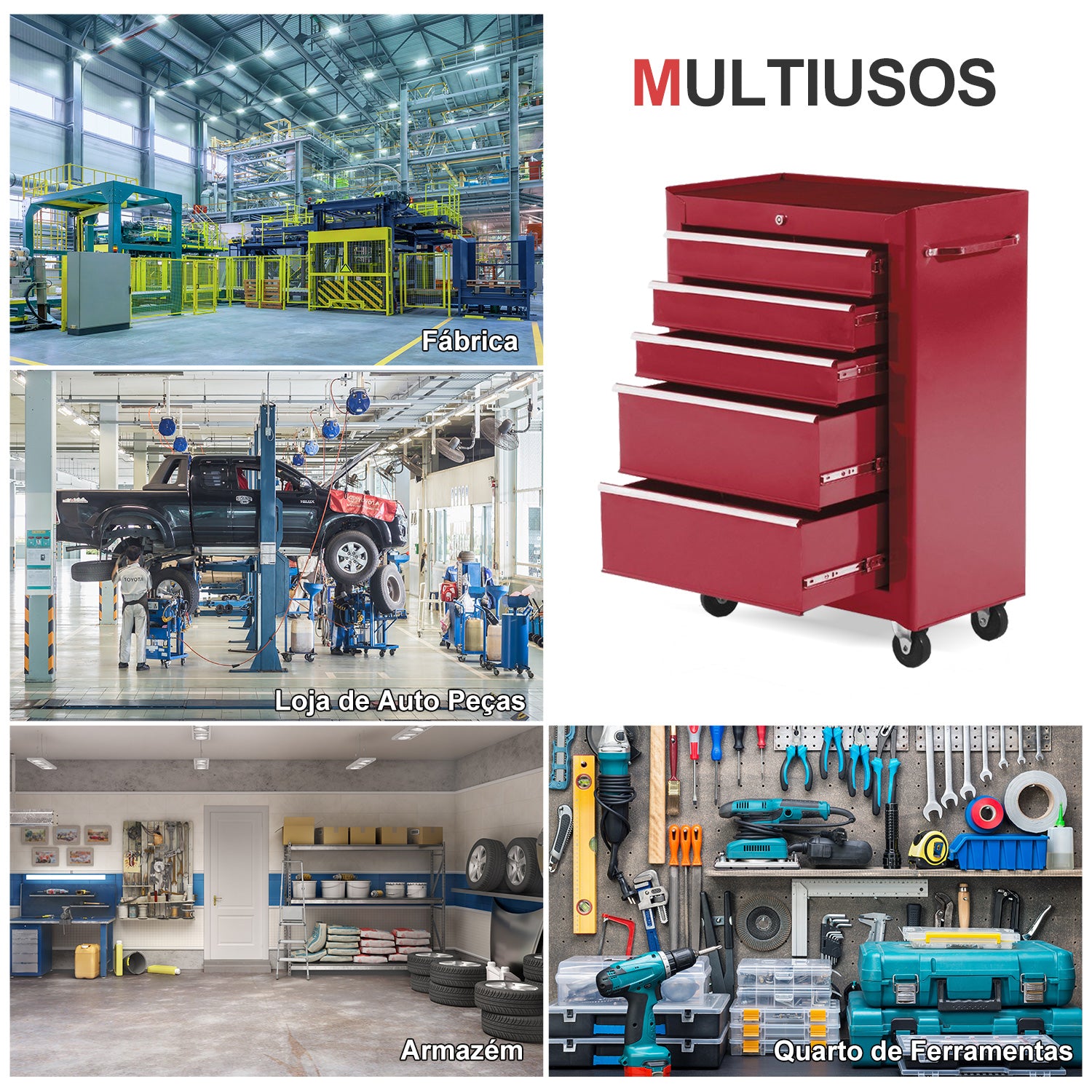 Carrinho de Ferramentas com 5 Gavetas Vermelho 61,5x33x85 cm