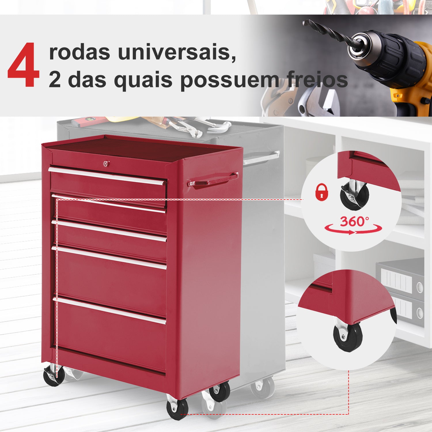 Carrinho de Ferramentas com 5 Gavetas Vermelho 61,5x33x85 cm