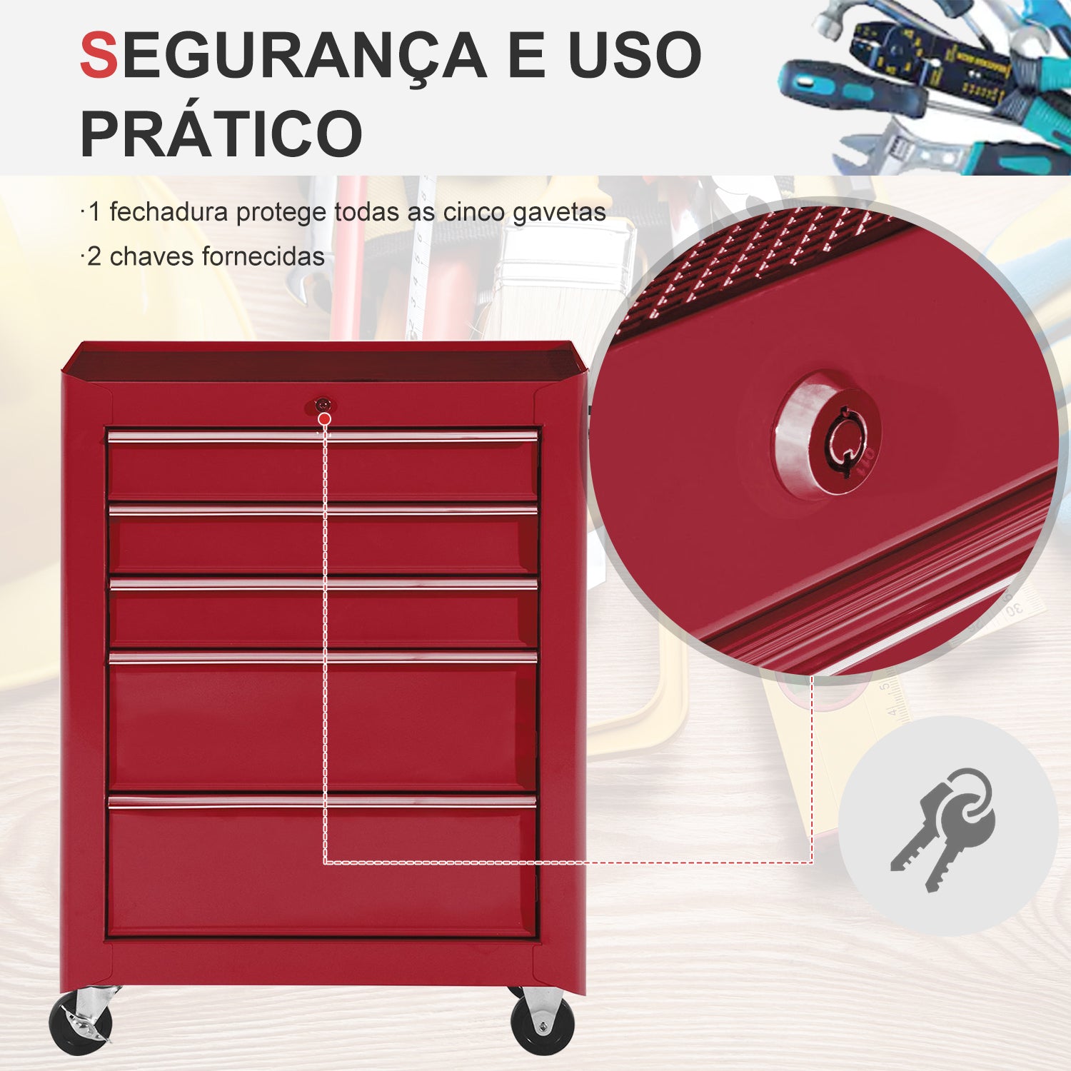 Carrinho de Ferramentas com 5 Gavetas Vermelho 61,5x33x85 cm