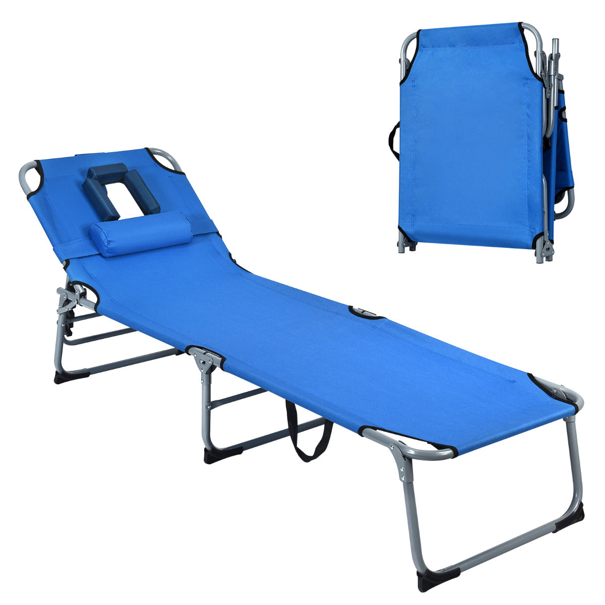 Tumbona de Praia Reclinável e Dobrável com Almofadas para Deitar de Barriga para Baixo/Cima e Cavidade Facial Azul