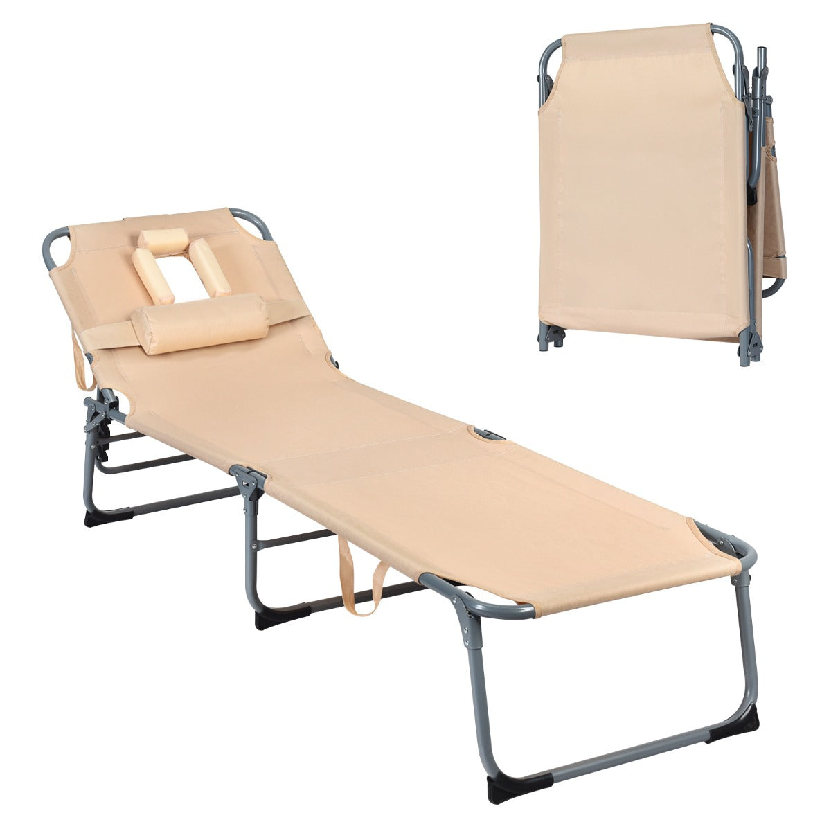 Tumbona Ajustável Dobrável Cadeira Reclinável de Praia com Almofadas para Deitar de Costas/Cara para Baixo e Cavidade Facial Bege