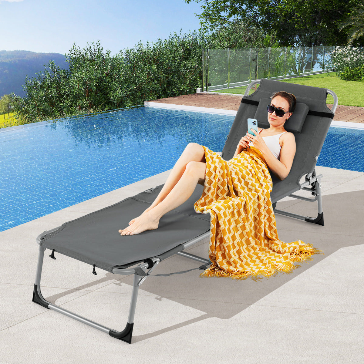 Tumbona Dobrável de Jardim com 5 Posições de Encosto Descanso para Pés Ajustável Orifício para Rosto Almofada Removível para Praia Piscina Cinza