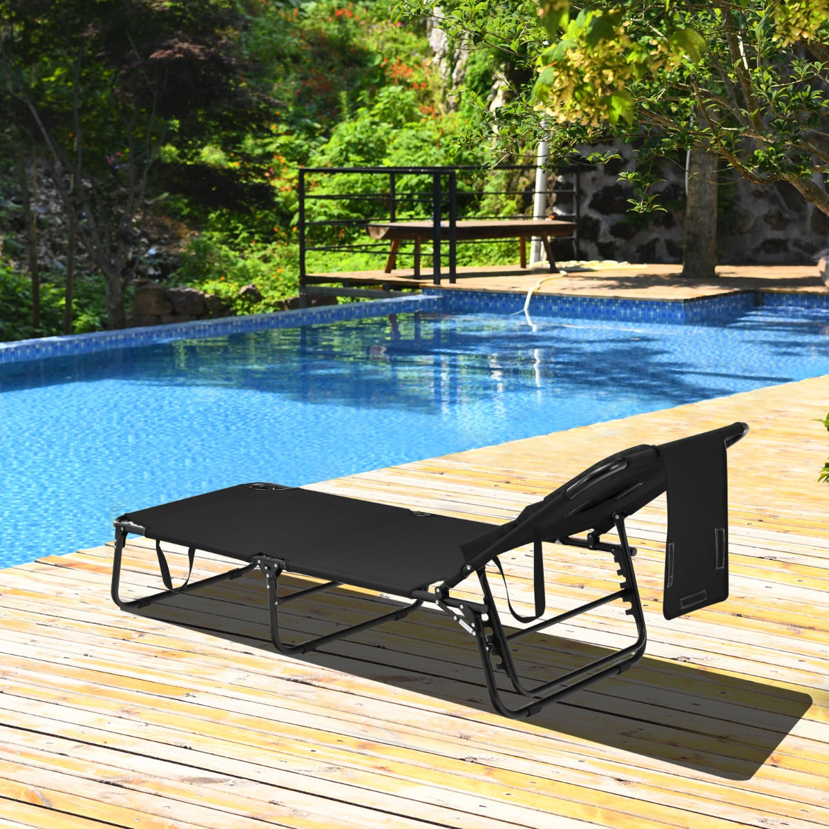 Tumbona Dobrável com 3 Almofadas Removíveis e Encosto Ajustável em 5 Posições Tumbonas de Jardim Exterior para Terraço Piscina Preto