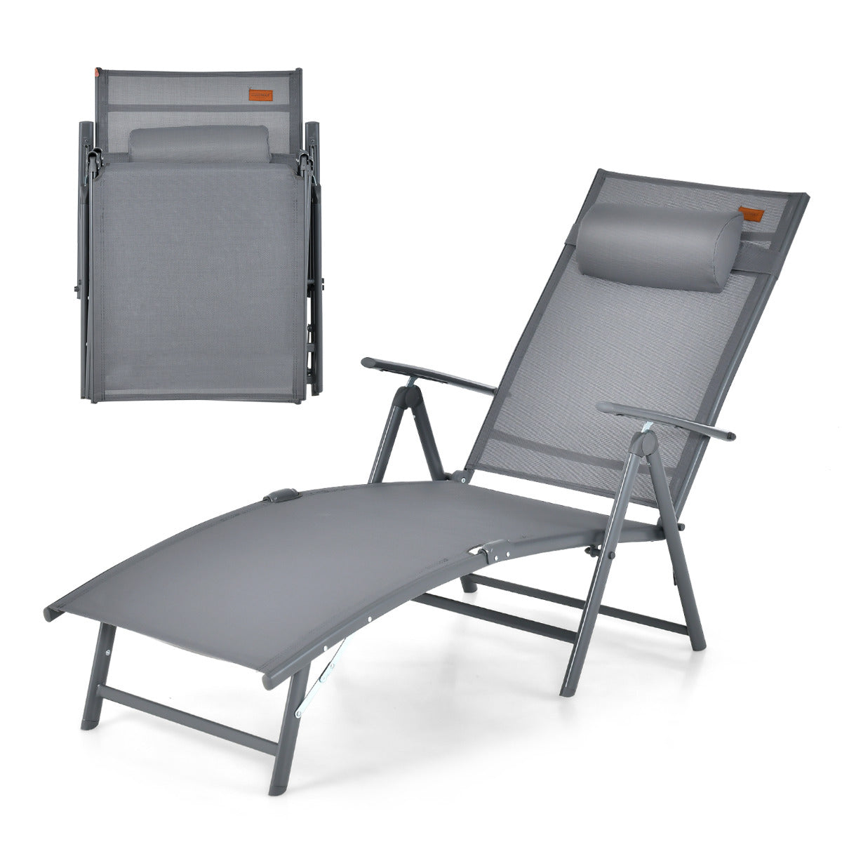 Tumbona Dobrável Cadeira Reclinável de Pátio Portátil Encosto Ajustável em 7 Posições Suporta 150 kg para Piscina Praia Varanda Cinzenta
