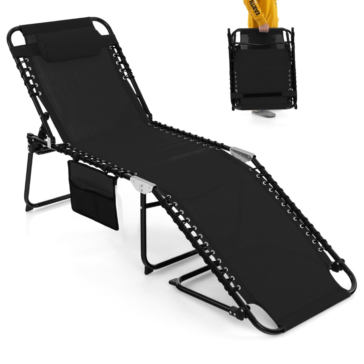 Tumbona Dobrável Cadeira Reclinável com Encosto Ajustável em 4 Posições para Campismo 189 x 59 x 40 cm Preto