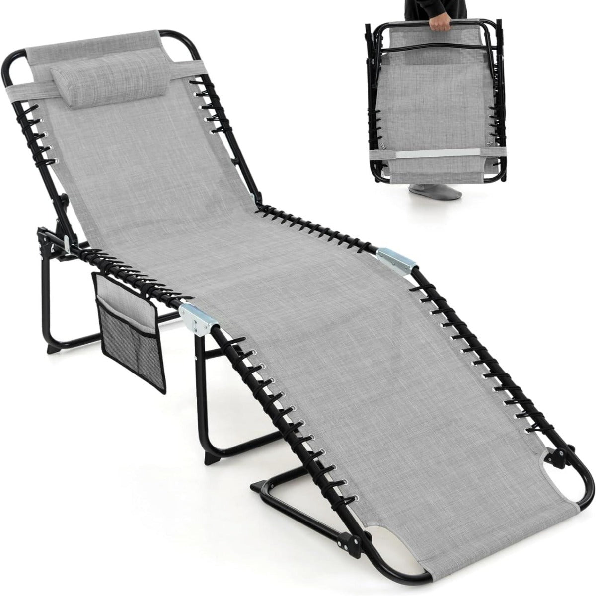 Tumbona Dobrável Cadeira Reclinável com Encosto Ajustável em 4 Posições para Campismo 189 x 59 x 40 cm Cinzento