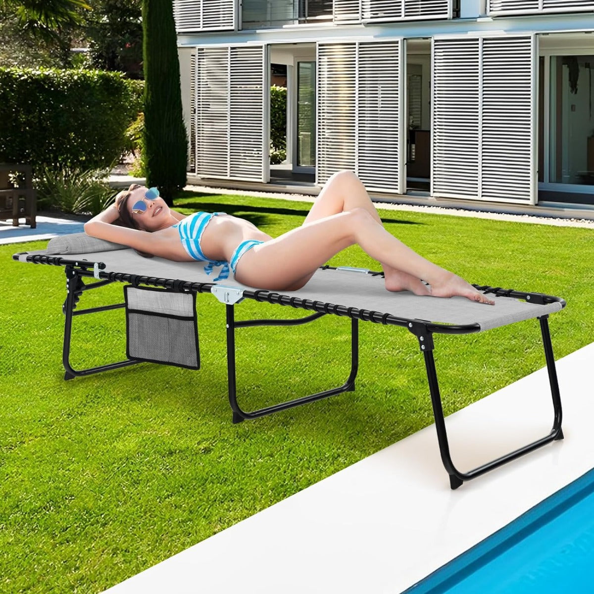 Tumbona Dobrável Cadeira Reclinável com Encosto Ajustável em 4 Posições para Campismo 189 x 59 x 40 cm Cinzento