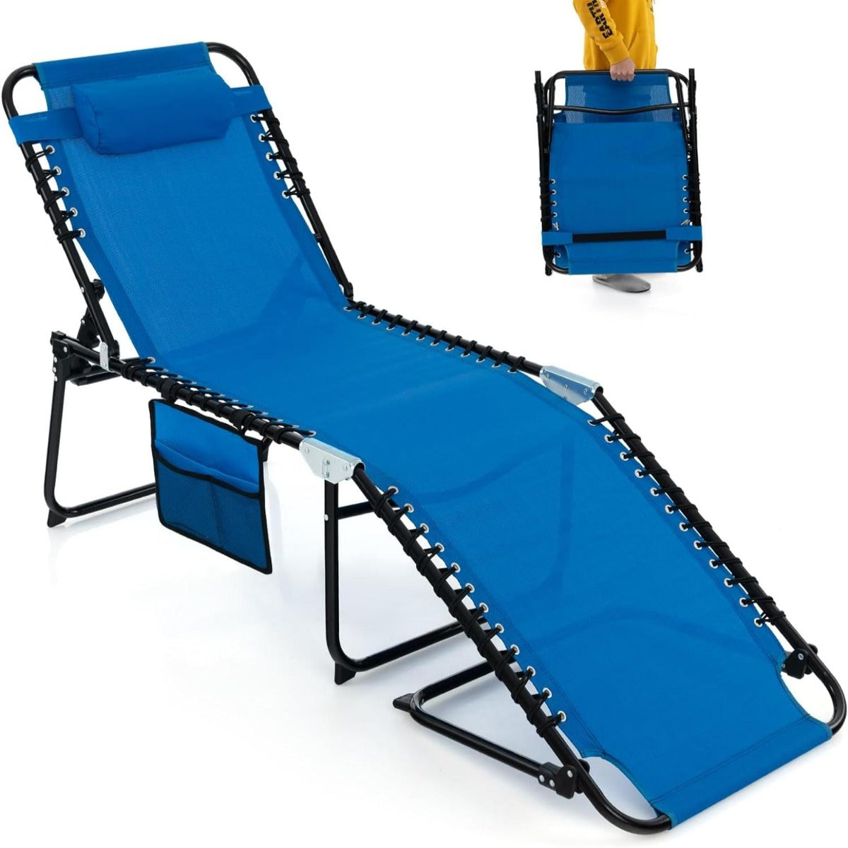 Tumbona Dobrável Cadeira Reclinável com Encosto Ajustável em 4 Posições e Encosto de Cabeça Removível para Campismo 189 x 59 x 40 cm Azul