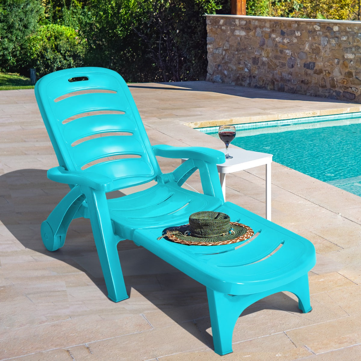 Tumbona Dobrável para Jardim Cadeira Reclinável Ajustável para Exterior com 5 Posições Rodas Resistente Pátio Piscina Praia Verde