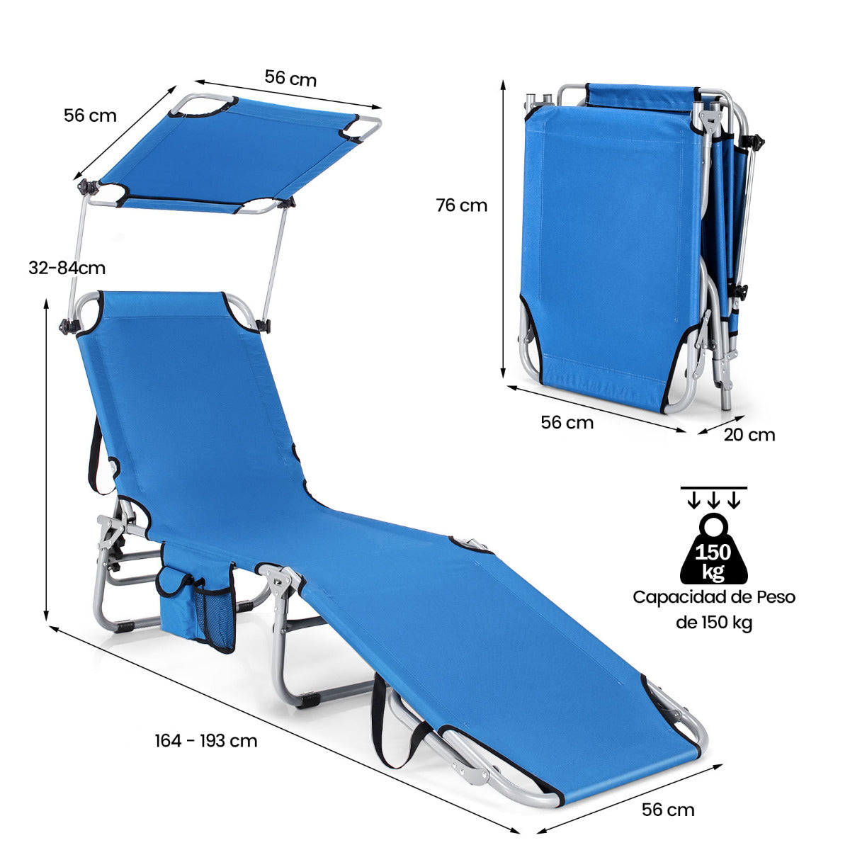 Tumbona Plegable para Exterior com Sombra - Azul