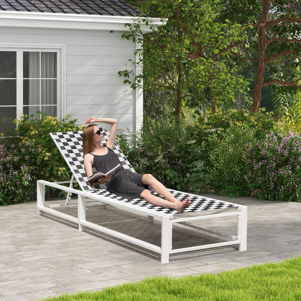 Tumbona Ajustável para Pátio com Rodas em Tecido Respirável e Estrutura de Metal Resistente para Piscina e Jardim Preto e Branco
