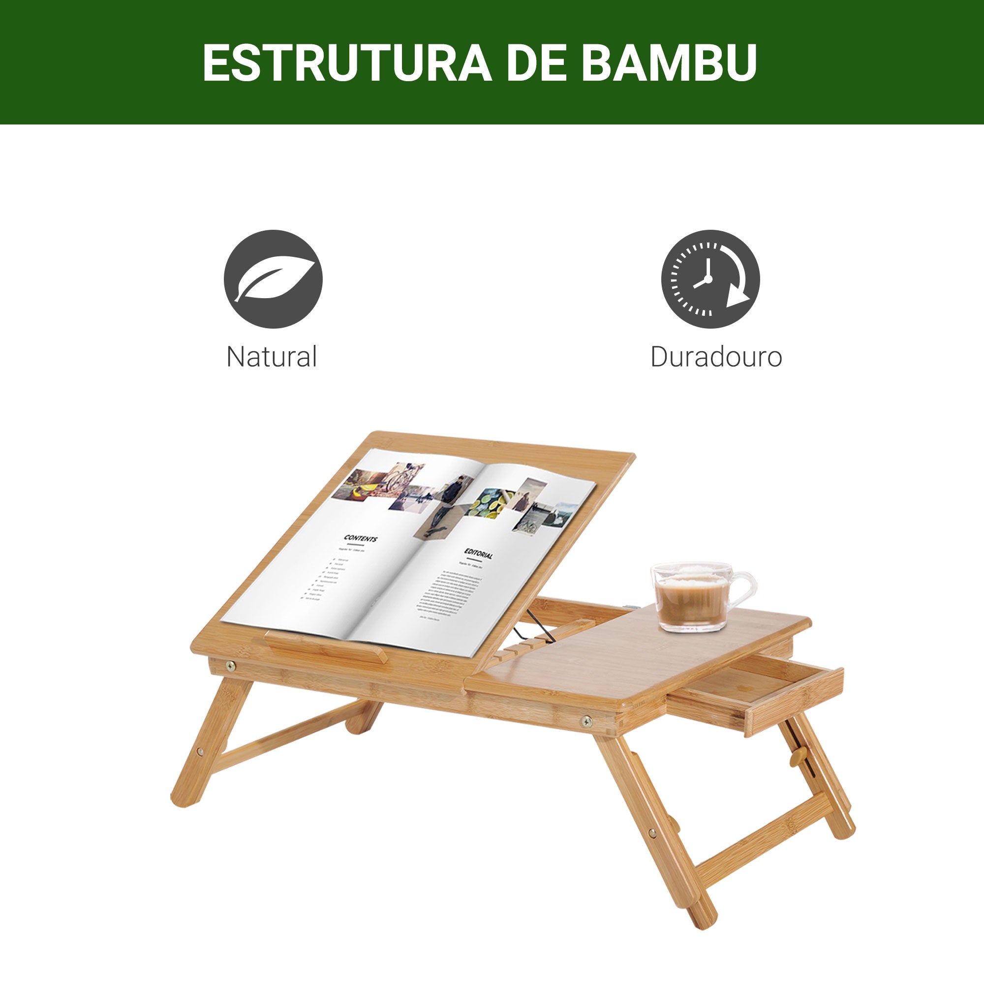 Mesa para Computador Portátil Bambu Natural - 55x35x(22-30) cm