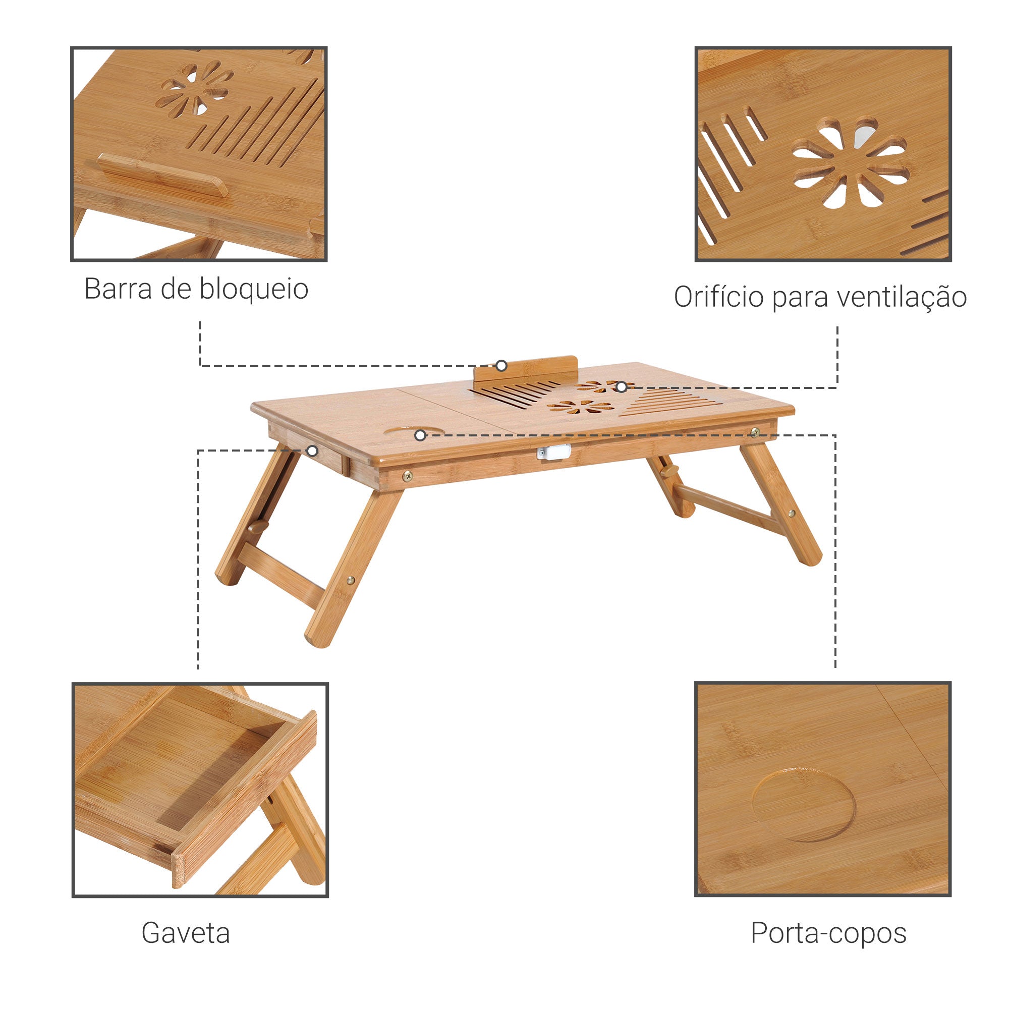 Mesa para Computador Portátil Bambu Natural - 55x35x(22-30) cm