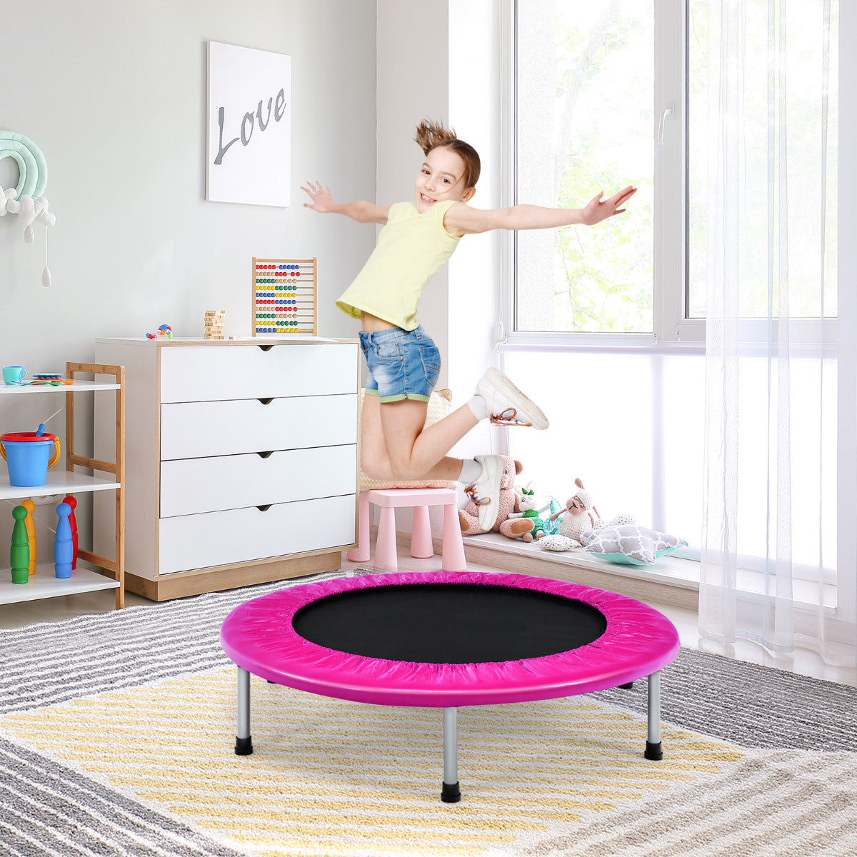 Trampolim Dobrável Portátil para Crianças Fitness Atividades Interiores e Exteriores 97 x 97 x 19 cm Preto e Rosa