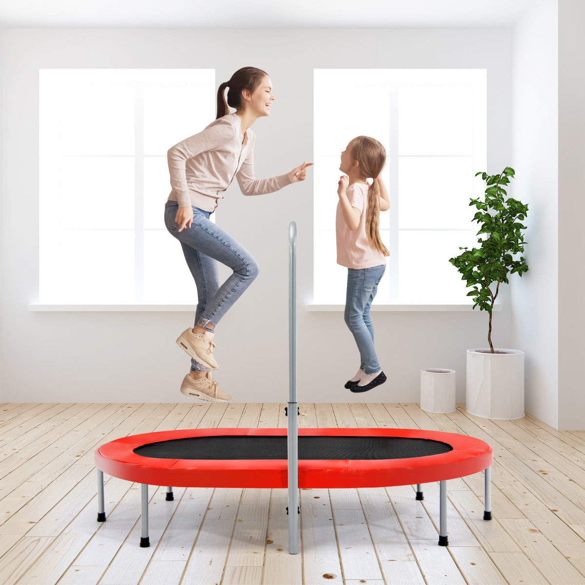 Cama Elástica Dupla para 2 Pessoas Trampolim Interior com Pega e Almofada de Segurança Vermelho 154 x 90 x 92-132 cm
