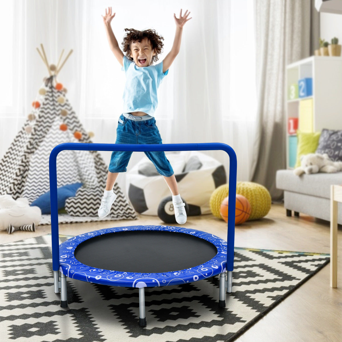 Mini Trampolim Dobrável de 92 cm para Crianças com Cobertura Acolchoada de Segurança Interior Azul