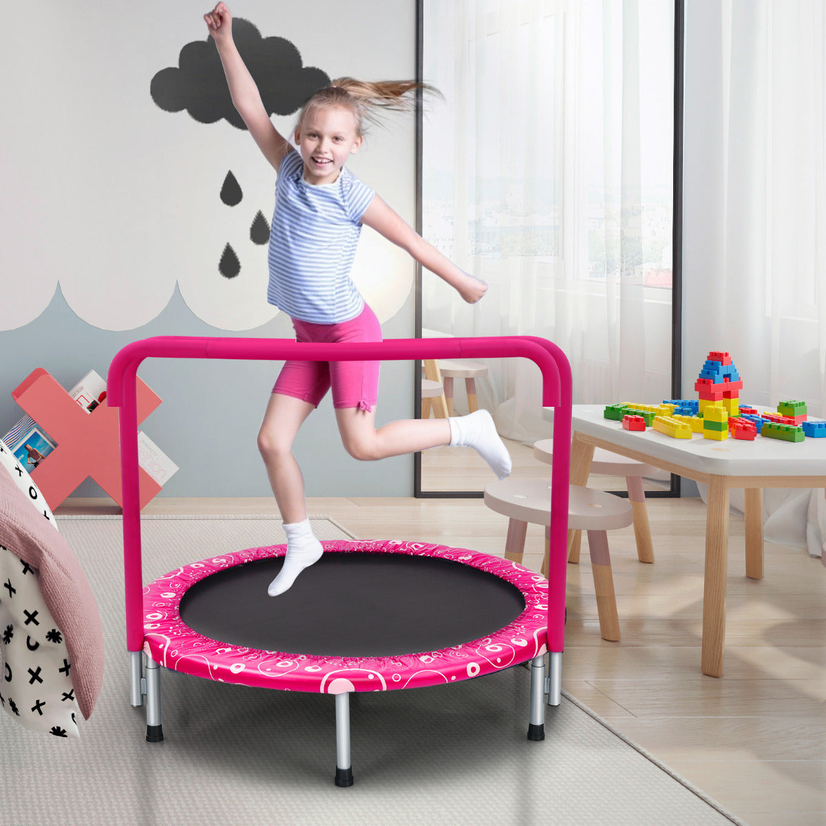 Mini Trampolim Rosa Plegável de 92 cm para Crianças com Cobertura Acolchoada de Segurança para Interior