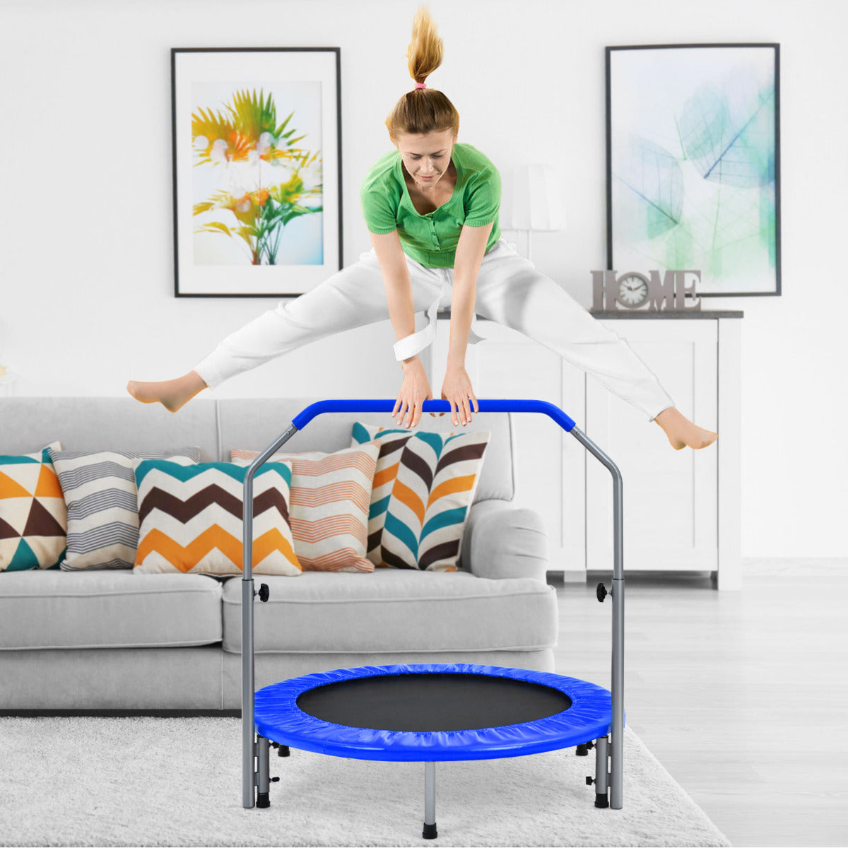 Trampolim de Fitness Dobrável de 101 cm com Pega Ajustável em Altura Azul para Adultos e Crianças