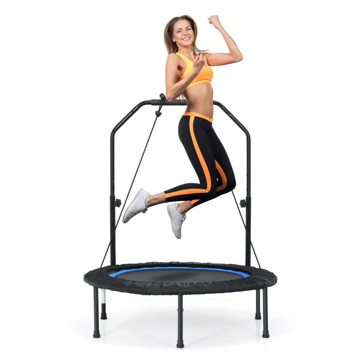 Mini Trampolim Fitness Dobrável 101 cm com Empunhadura Ajustável e 2 Bandas Azul