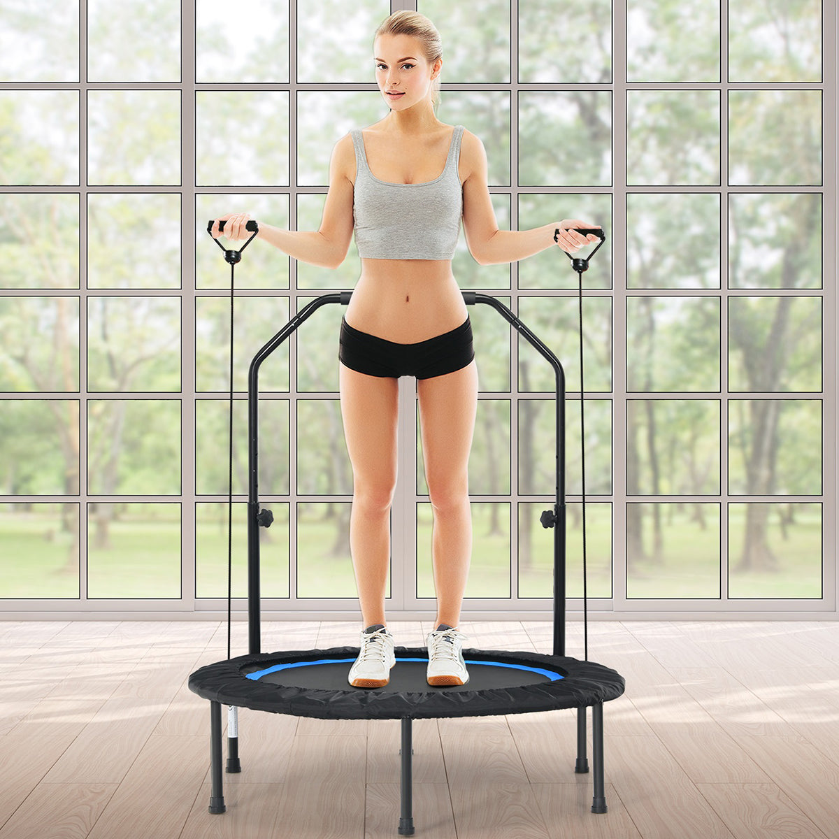 Mini Trampolim Fitness Dobrável 101 cm com Empunhadura Ajustável e 2 Bandas Azul