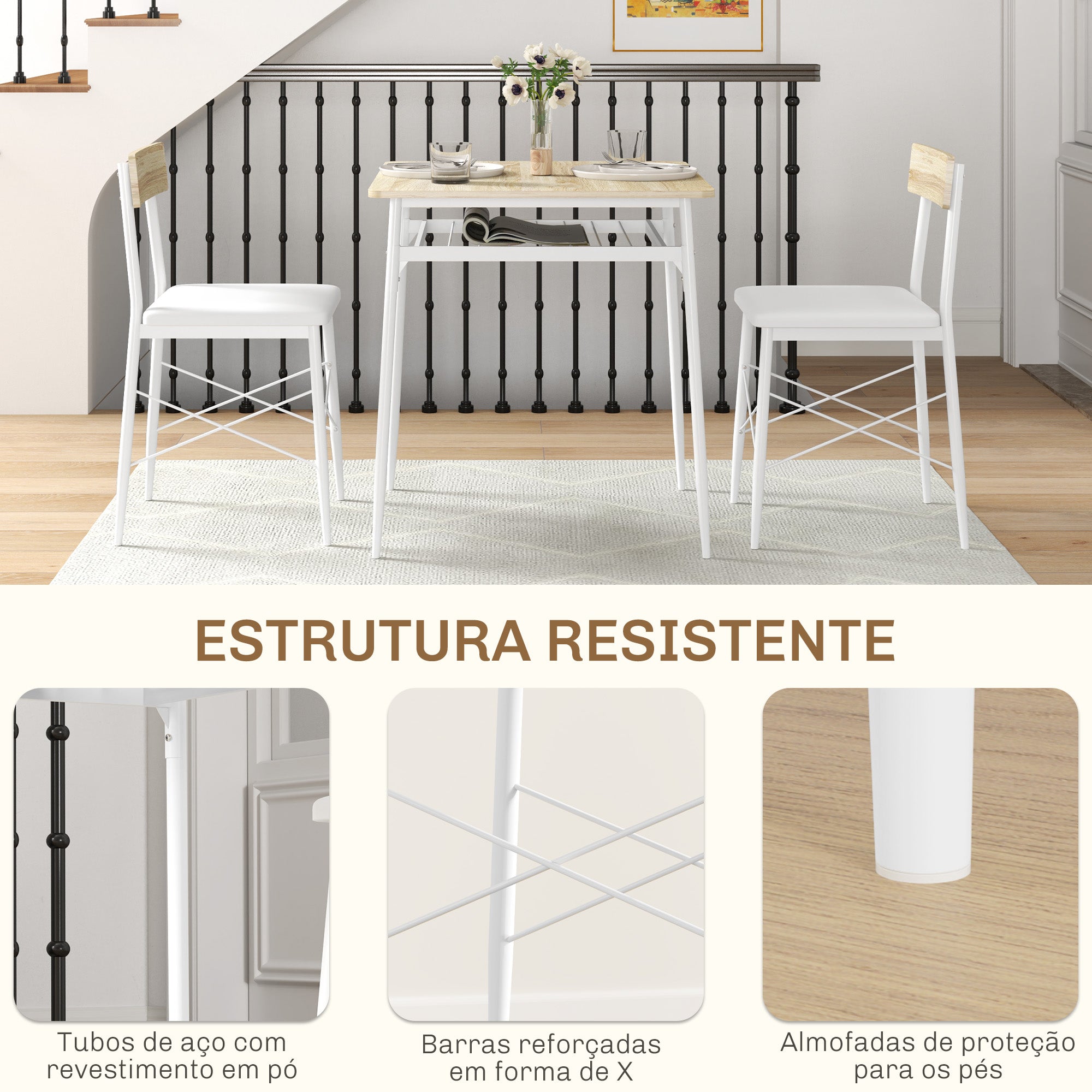 Conjunto de Refeição de 3 Peças Mesa de Cozinha 70x70x75 cm e 2 Cadeiras 40x50x80 cm - Madeira e Branco