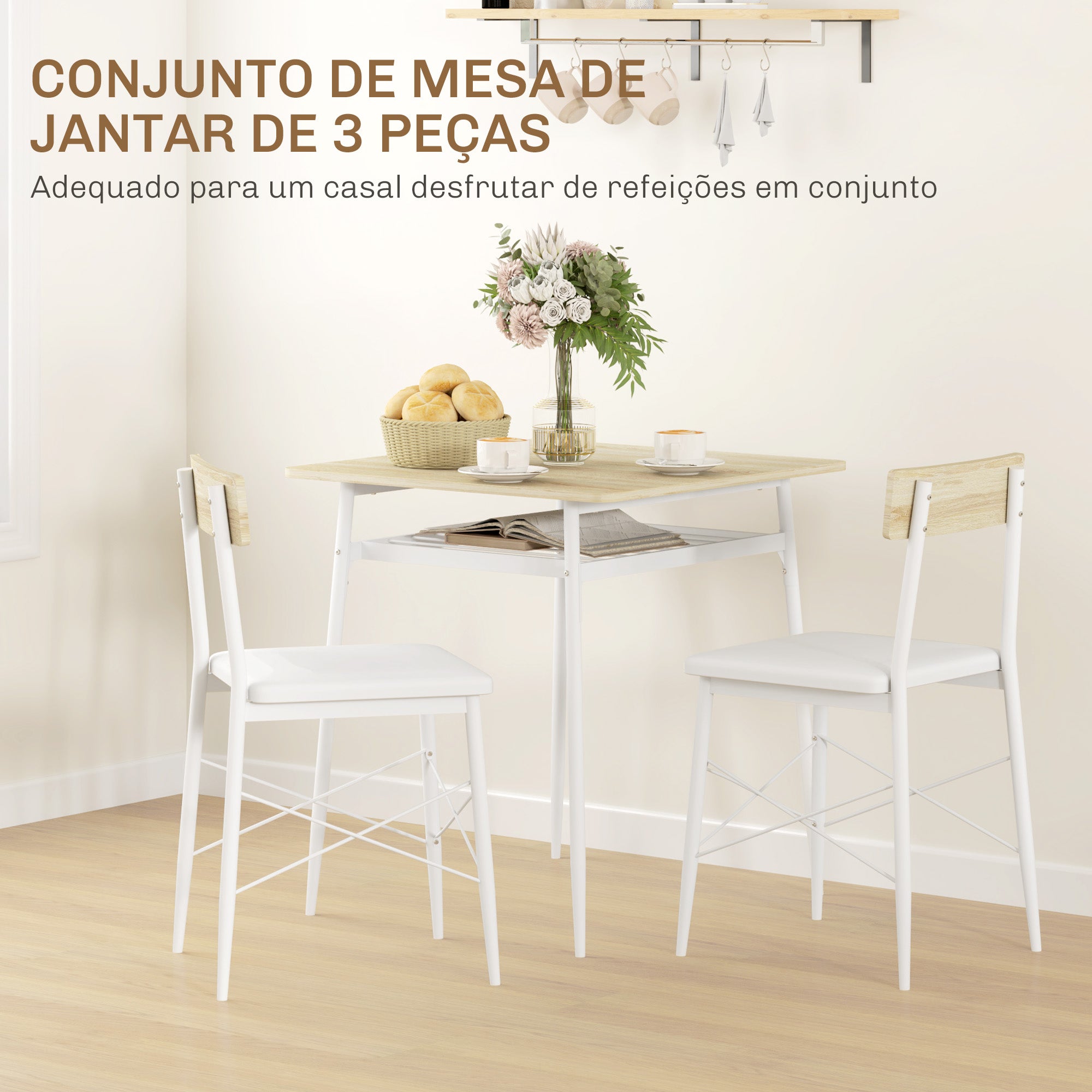 Conjunto de Refeição de 3 Peças Mesa de Cozinha 70x70x75 cm e 2 Cadeiras 40x50x80 cm - Madeira e Branco