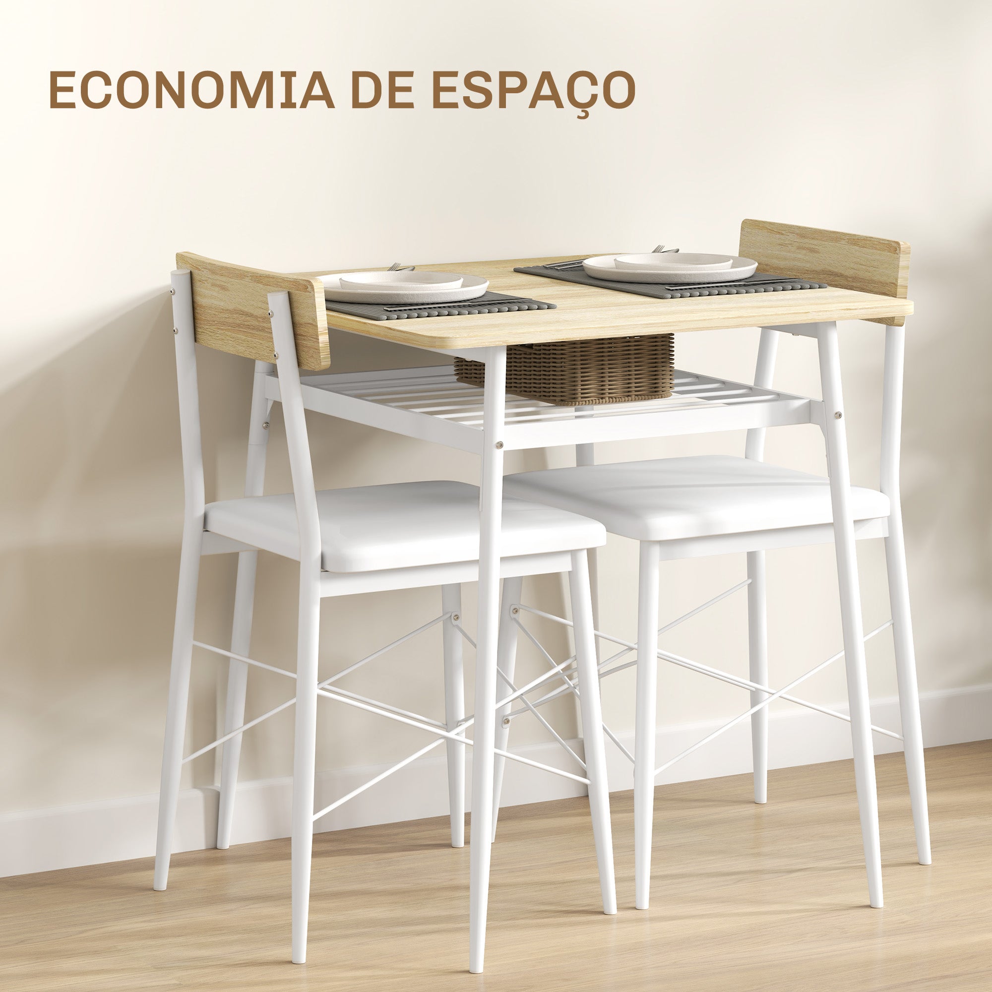 Conjunto de Refeição de 3 Peças Mesa de Cozinha 70x70x75 cm e 2 Cadeiras 40x50x80 cm - Madeira e Branco