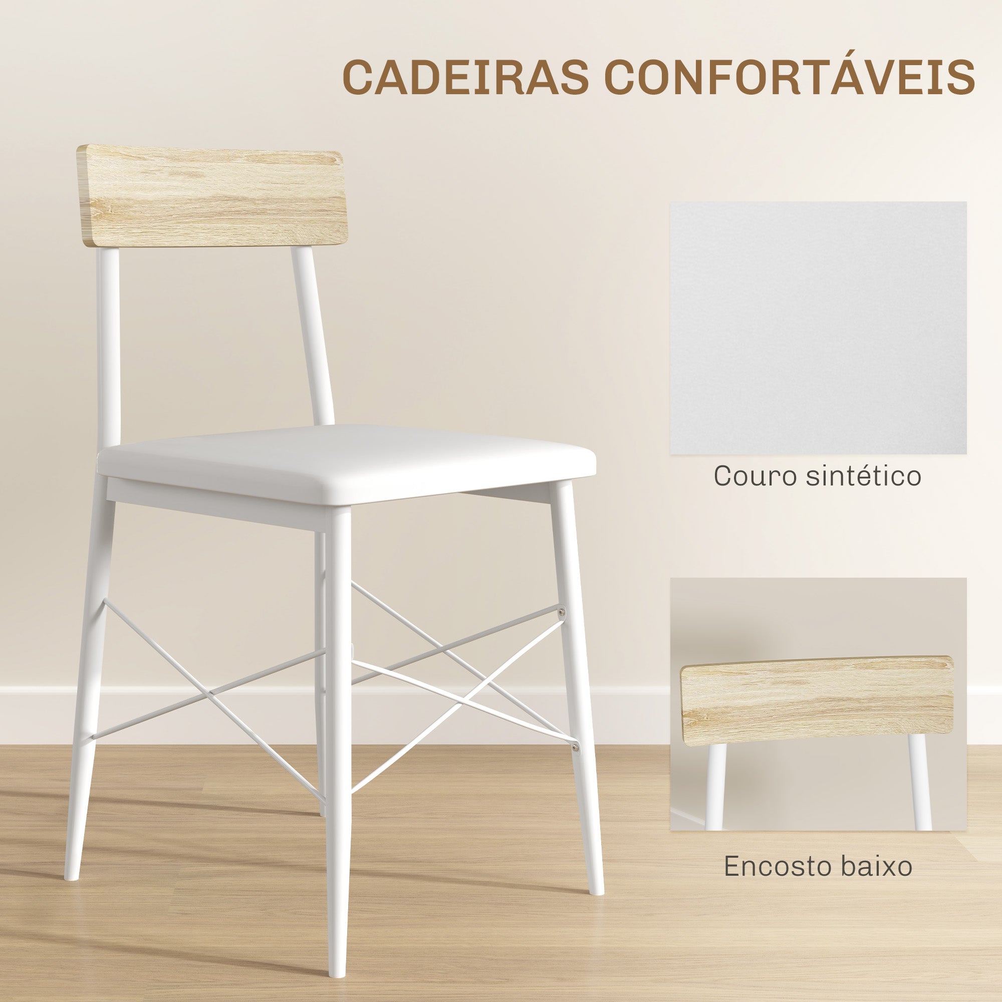Conjunto de Refeição de 3 Peças Mesa de Cozinha 70x70x75 cm e 2 Cadeiras 40x50x80 cm - Madeira e Branco