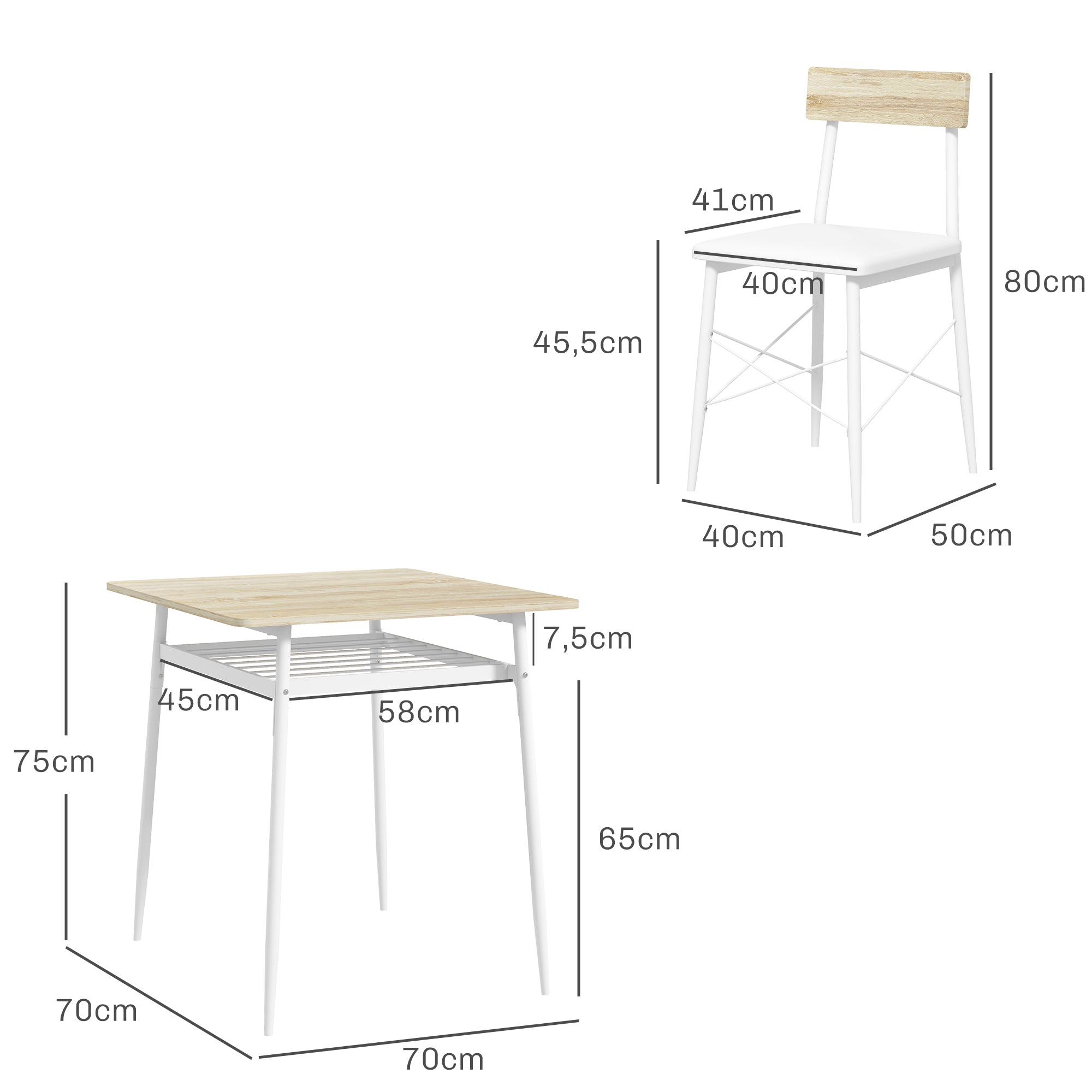 Conjunto de Refeição de 3 Peças Mesa de Cozinha 70x70x75 cm e 2 Cadeiras 40x50x80 cm - Madeira e Branco