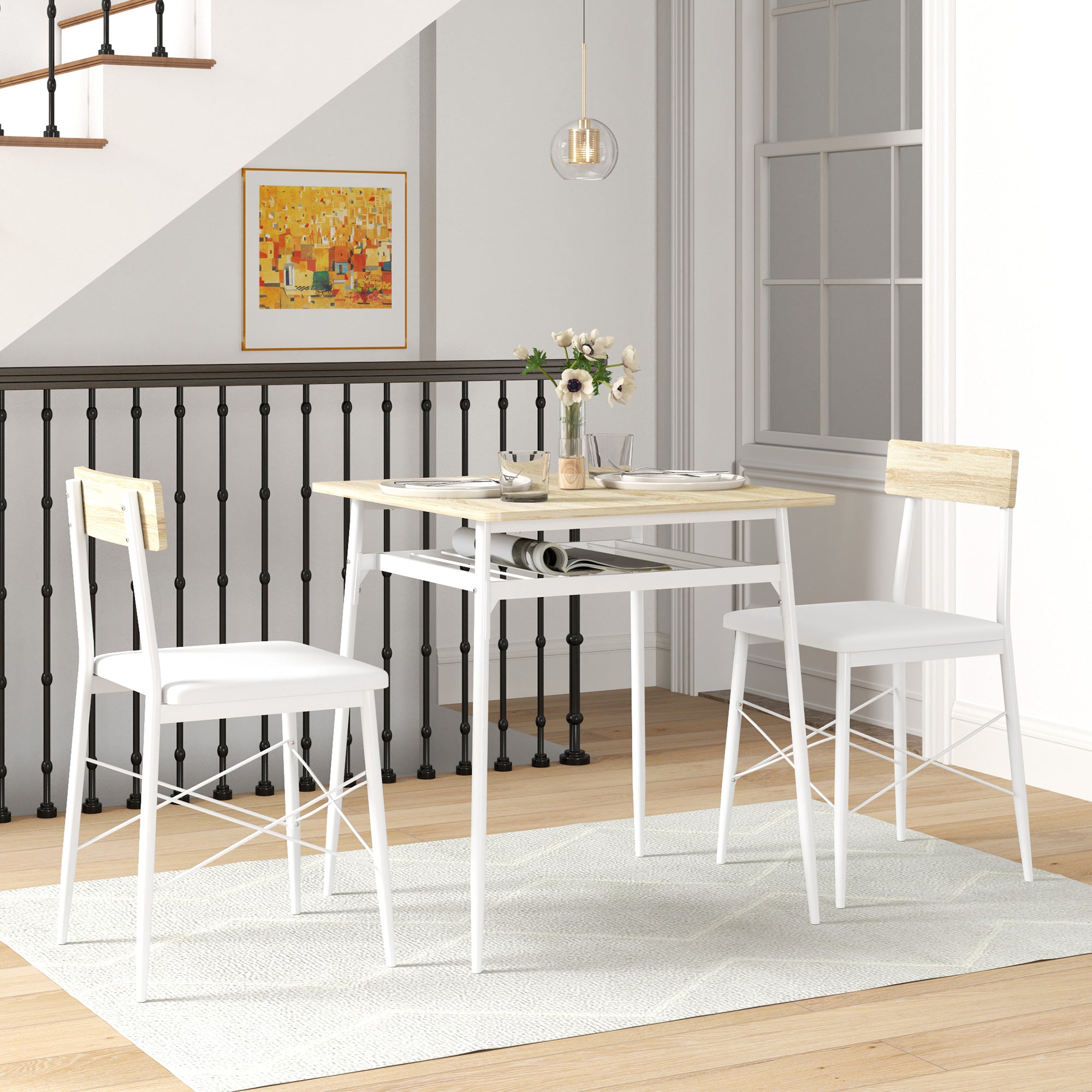 Conjunto de Refeição de 3 Peças Mesa de Cozinha 70x70x75 cm e 2 Cadeiras 40x50x80 cm - Madeira e Branco