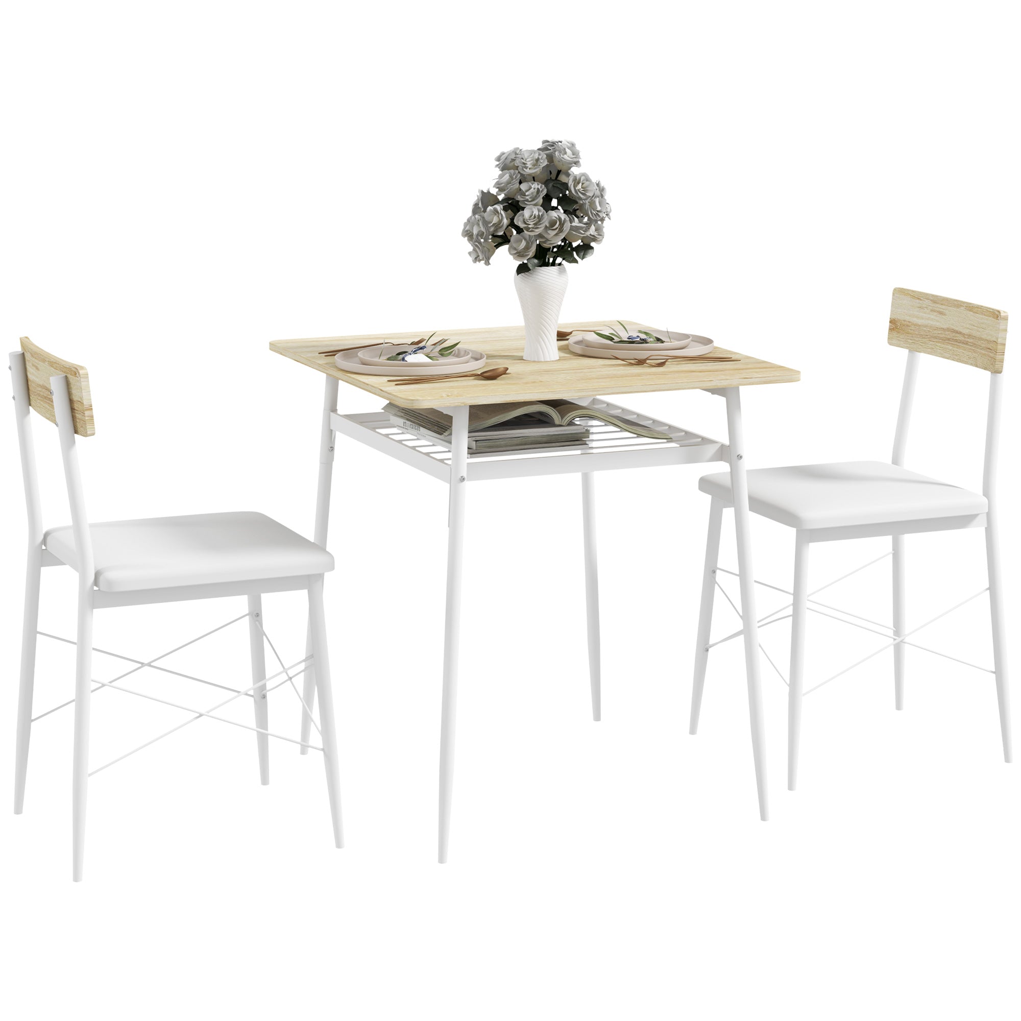 Conjunto de Refeição de 3 Peças Mesa de Cozinha 70x70x75 cm e 2 Cadeiras 40x50x80 cm - Madeira e Branco