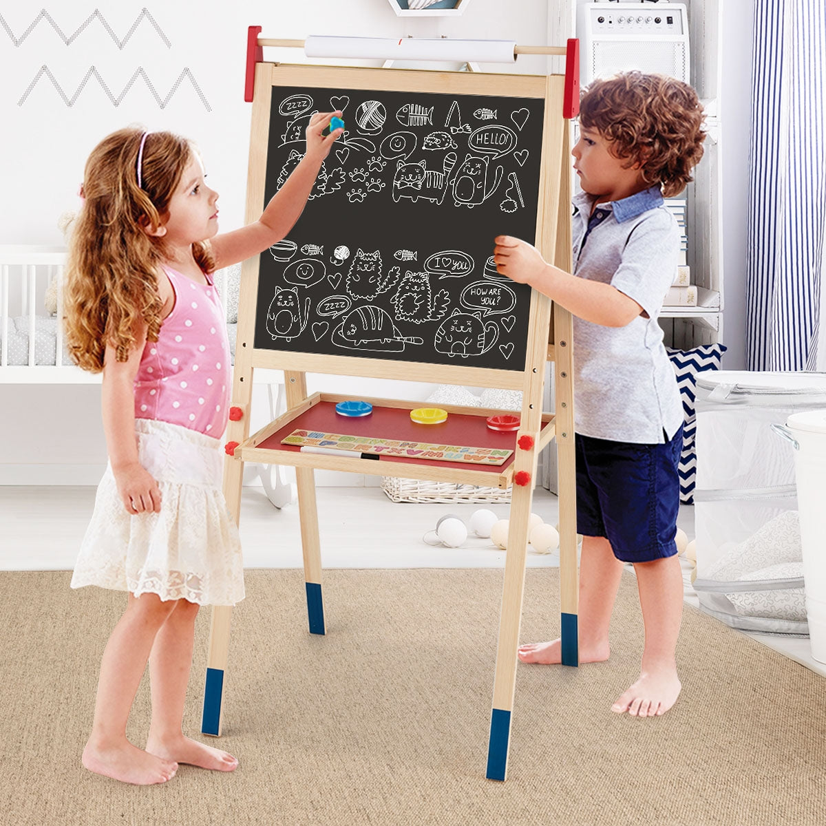 Caballete 3 em 1 com Quadro de Dupla Face Regulável para Desenhar em Madeira Altura Ajustável para Crianças 60 x 55 x 112,5-124,5 cm