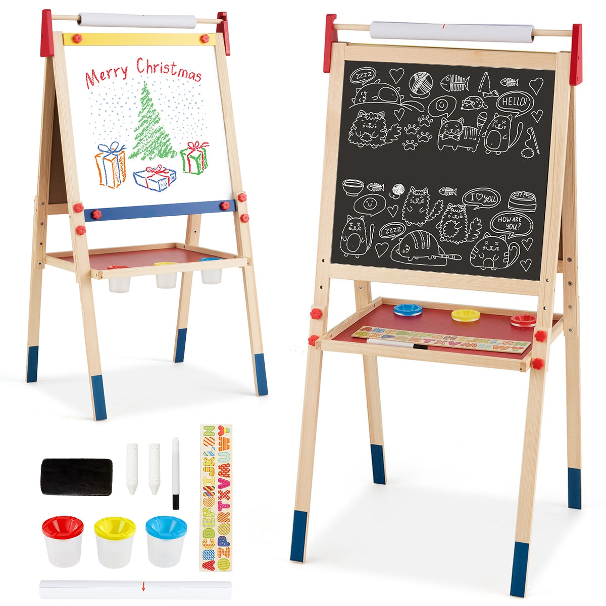 Caballete 3 em 1 com Quadro de Dupla Face Regulável para Desenhar em Madeira Altura Ajustável para Crianças 60 x 55 x 112,5-124,5 cm