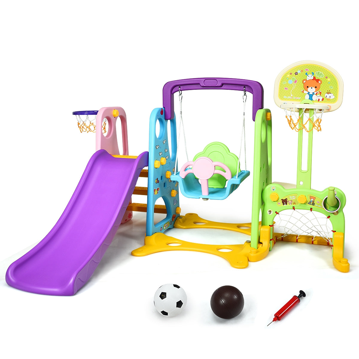 Equipamento 6 em 1 com Cesto de Basquetebol Porta de Futebol Baloiço e Parede de Escalada 209 x 174 x 115 cm