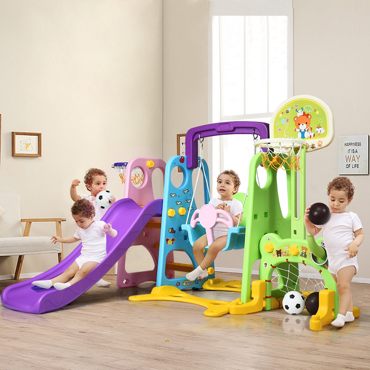 Equipamento 6 em 1 com Cesto de Basquetebol Porta de Futebol Baloiço e Parede de Escalada 209 x 174 x 115 cm