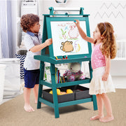 Caballete para Crianças de Dupla Face 3 em 1 com 2 Prateleiras, 2 Caixas e Tabuleiro Amplo Azul 59 x 50 x 117 cm