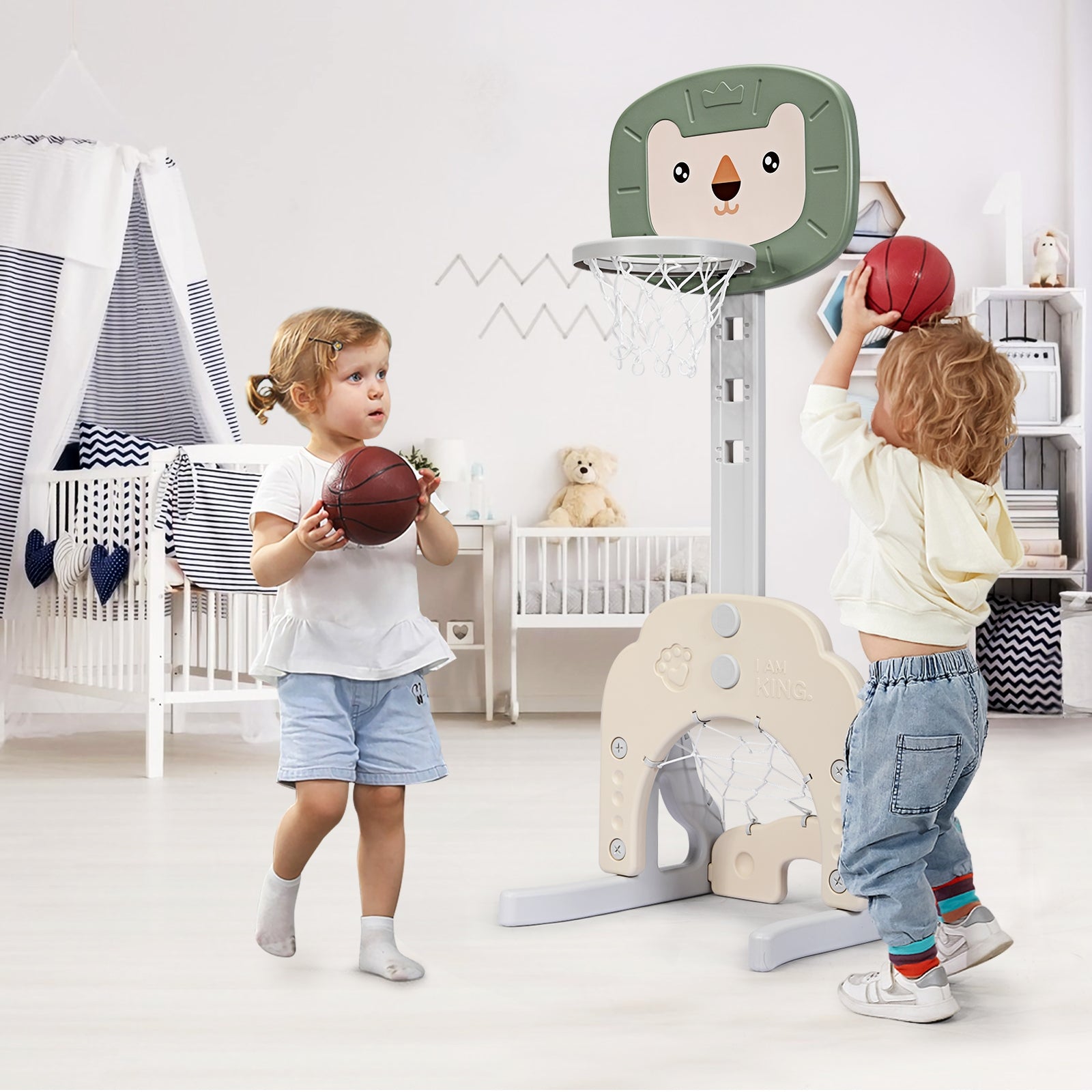 Canasta de Basquetebol 3 em 1 com Jogo de Golfe Altura Regulável Leve e Estável para Crianças Verde 54 x 51 x 110-149 cm