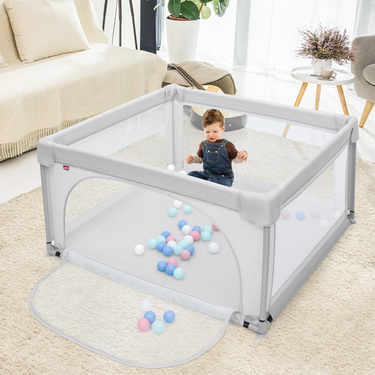 Parque Infantil de Atividades Portátil com Vedações de Segurança e 50 Bolas Cinza 126 x 126 x 68 cm