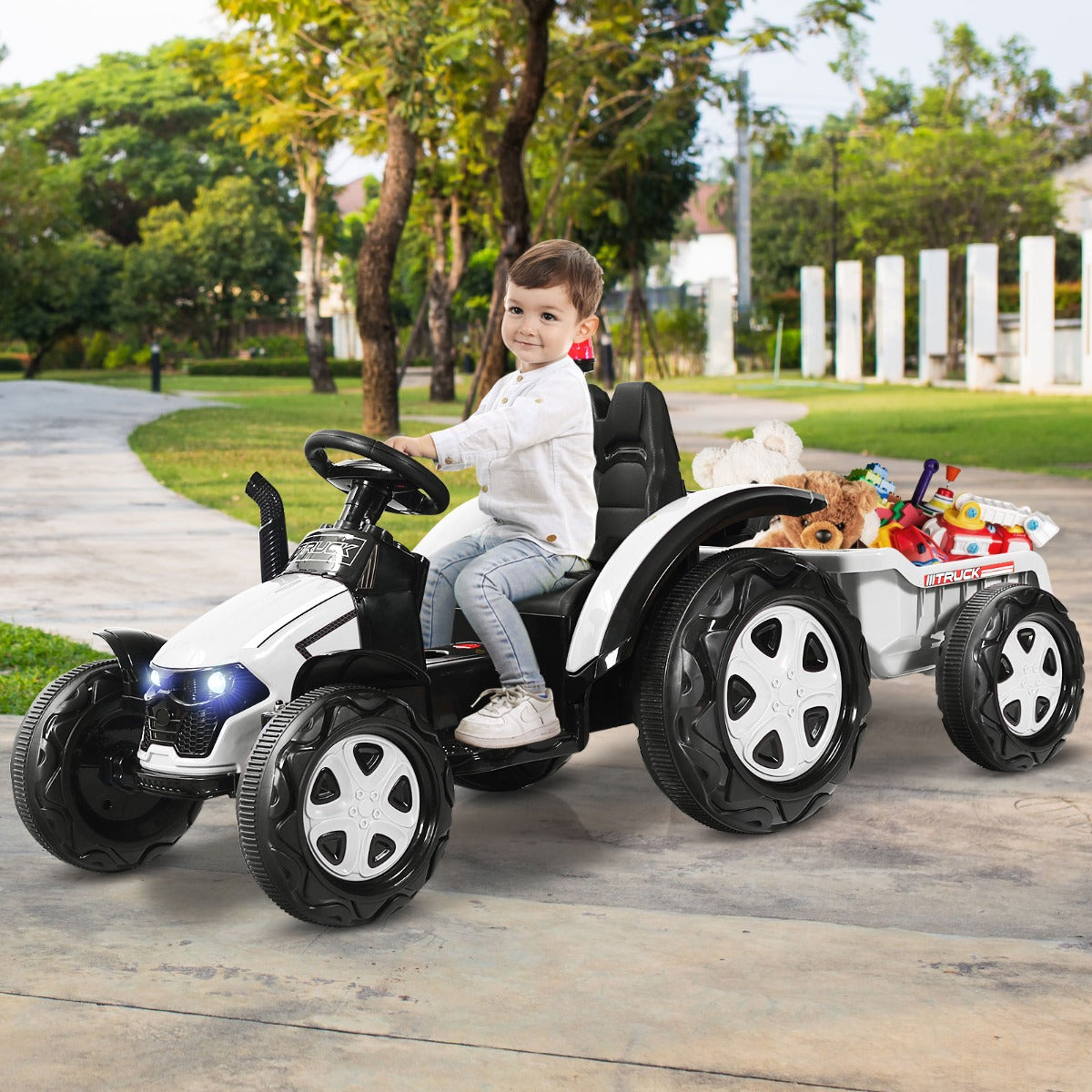 Trator Brinquedo com Reboque para Crianças 3-8 Anos Inclui Comando 2,4 G Branco 151 x 68 x 70 cm