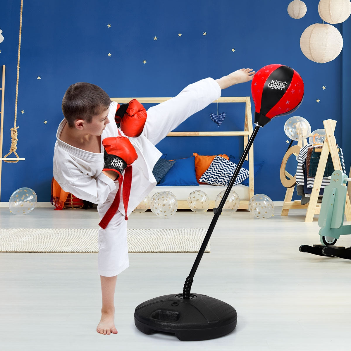 Jogo de Boxe para Crianças com Altura Ajustável, Luvas de Boxe e Bomba Manual Vermelho e Preto 81-123 cm