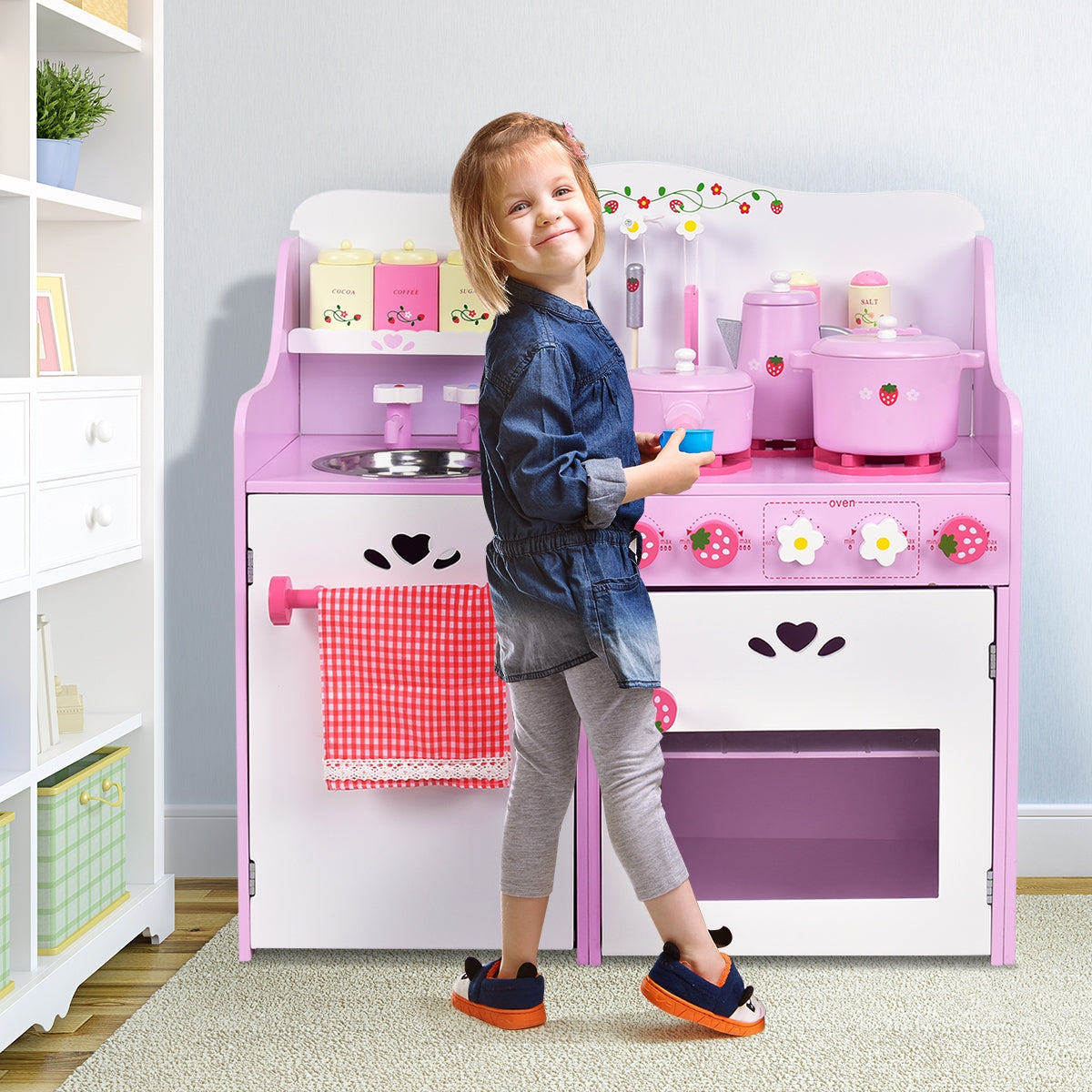 Cozinha de Brincar para Menina em Madeira Rosa Morango Forno Jogo Infantil com Acessórios