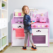 Cozinha de Brincar para Menina em Madeira Rosa Morango Forno Jogo Infantil com Acessórios