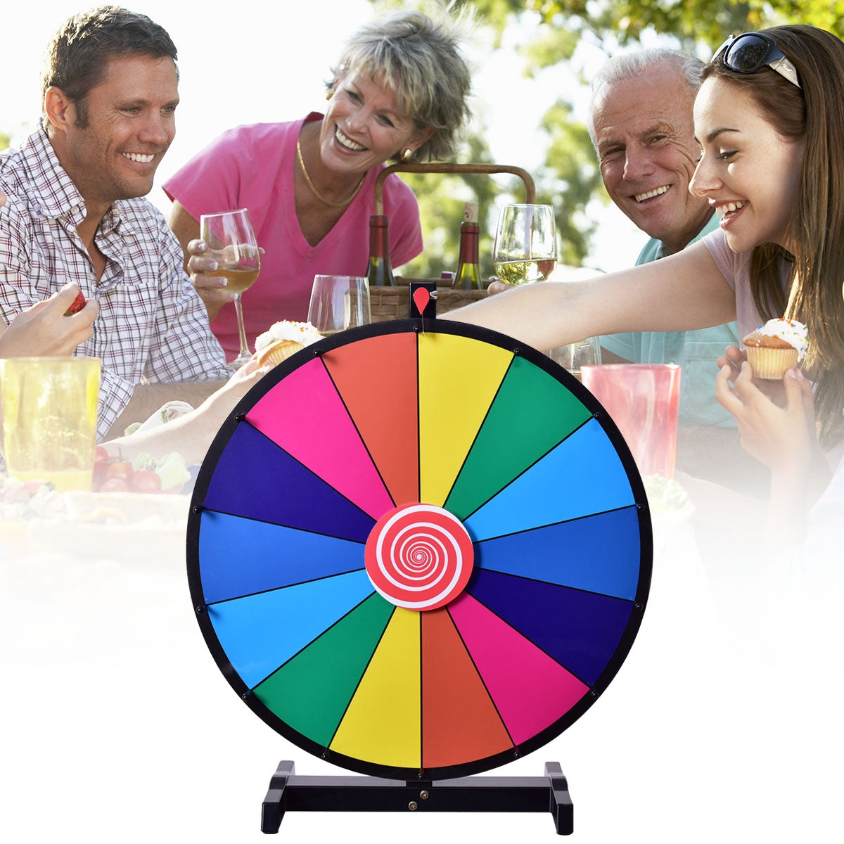 Roda da Sorte Colorida de 24'' com Suporte e Caneta Apagável - 14 Slots para Escrever e Limpar