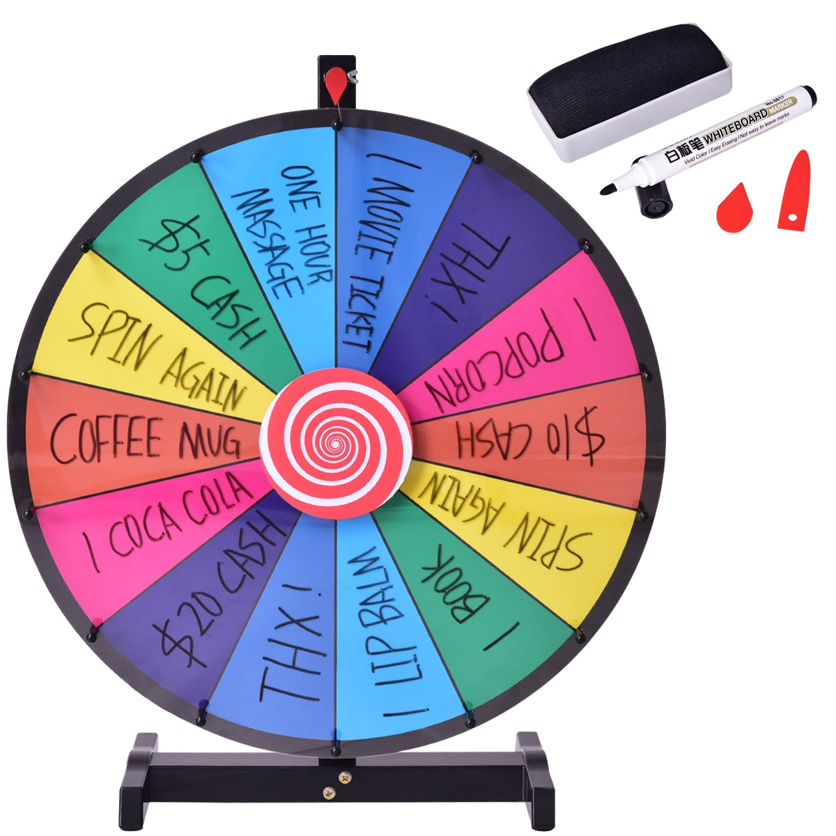 Roda da Sorte Colorida de 24'' com Suporte e Caneta Apagável - 14 Slots para Escrever e Limpar