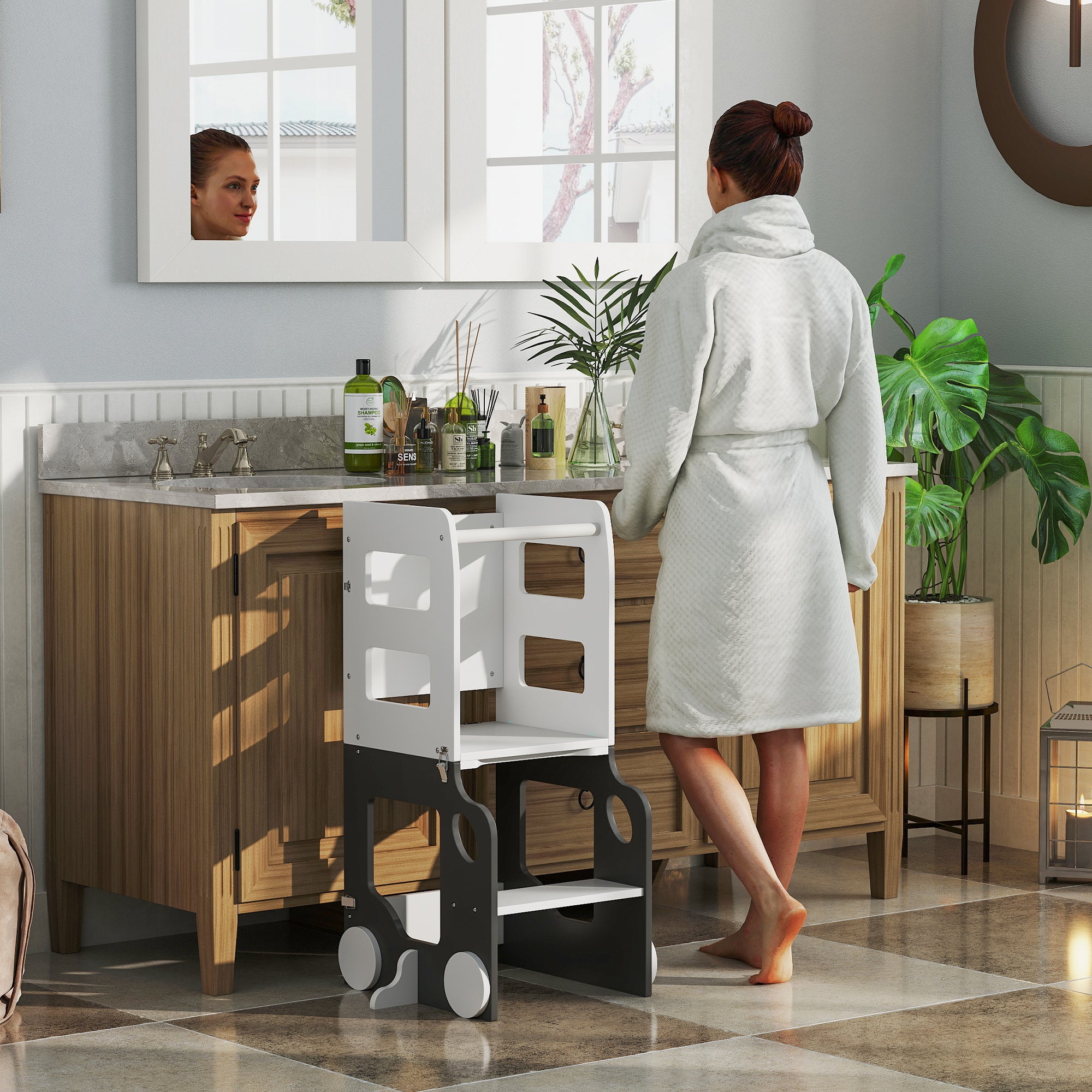 Torre de Aprendizagem Multifuncional 4 em 1 58x46x92 cm Branco e Cinza
