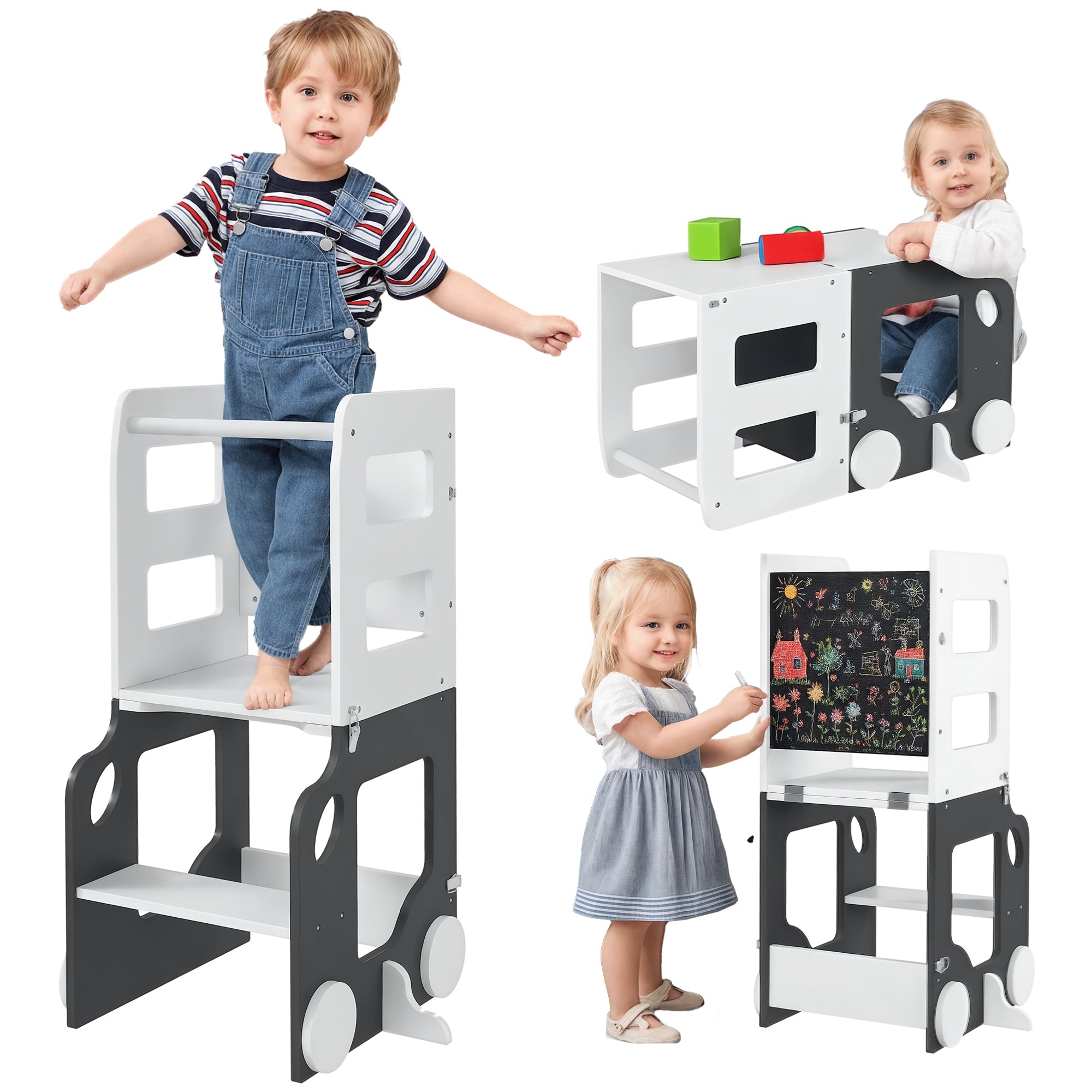 Torre de Aprendizagem Multifuncional 4 em 1 58x46x92 cm Branco e Cinza