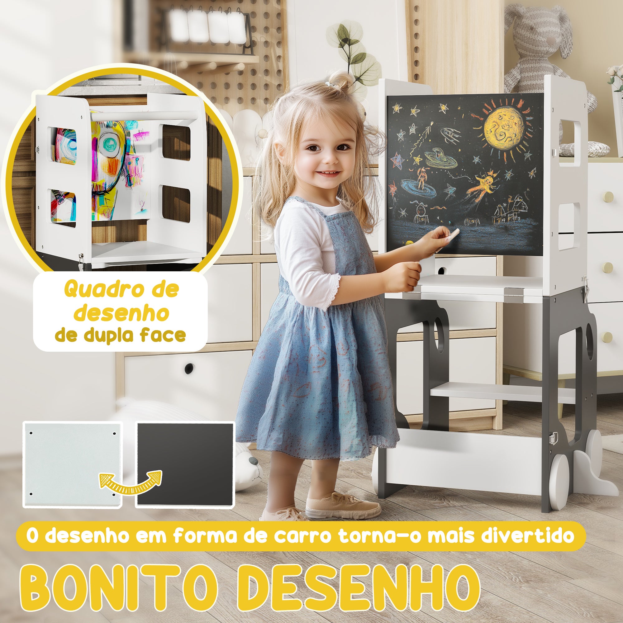 Torre de Aprendizagem Multifuncional 4 em 1 58x46x92 cm Branco e Cinza