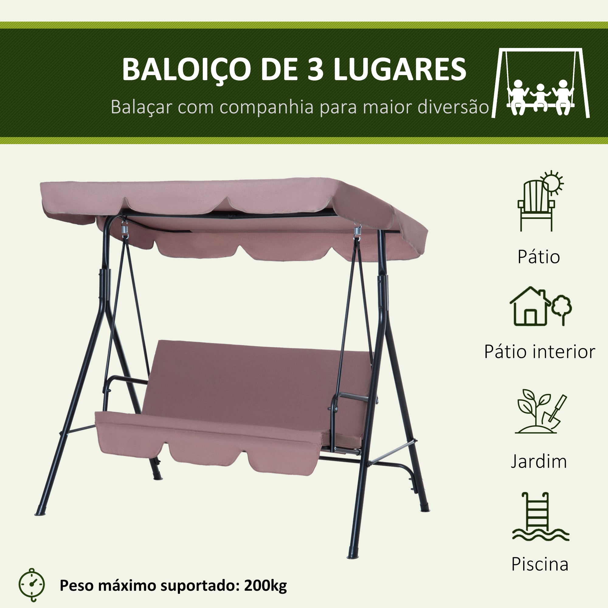Baloiço de Jardim 3 Lugares Marrom 172x110x153 cm